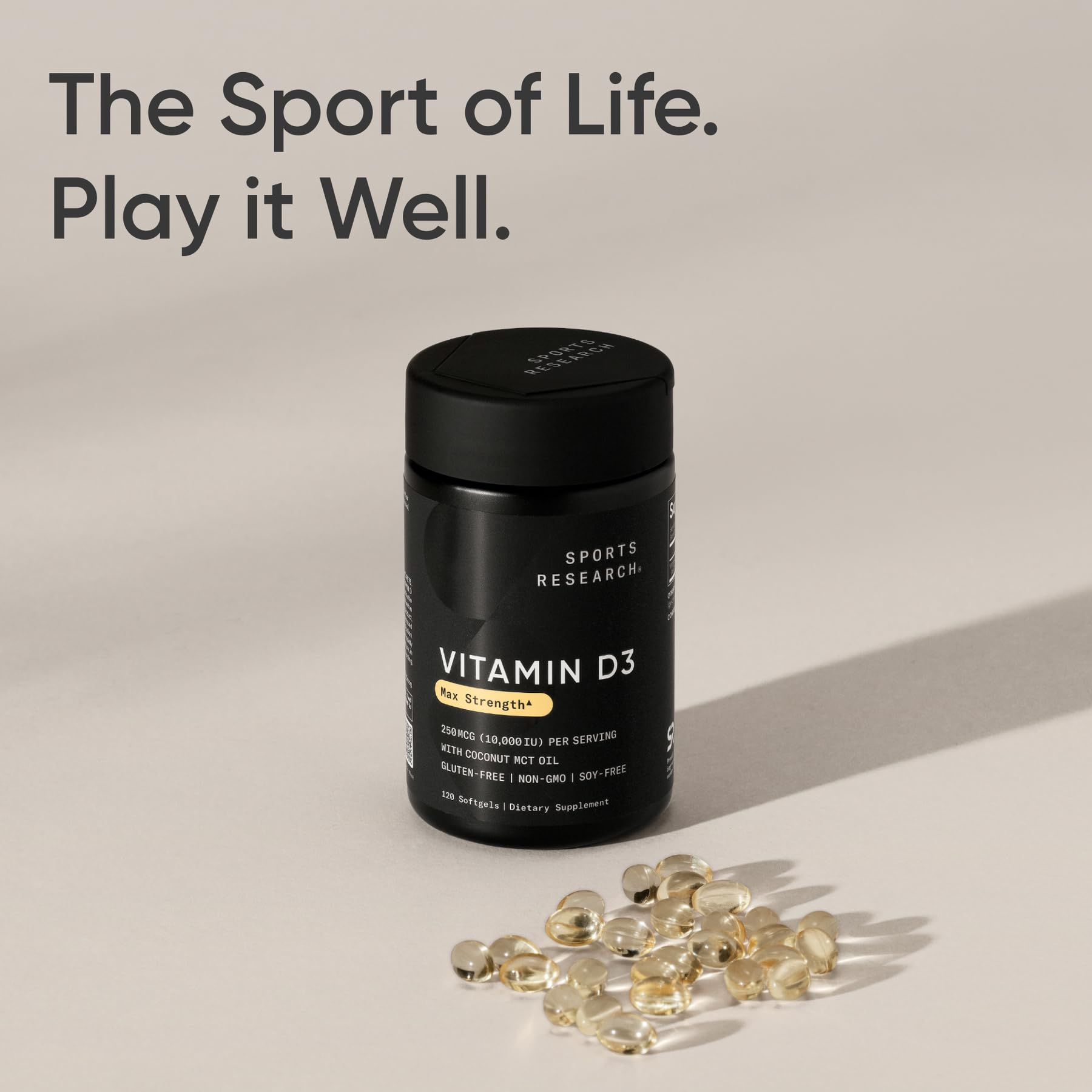 Sports Research D3 bottle on desk perfect for everyday immune and bone maintenance.