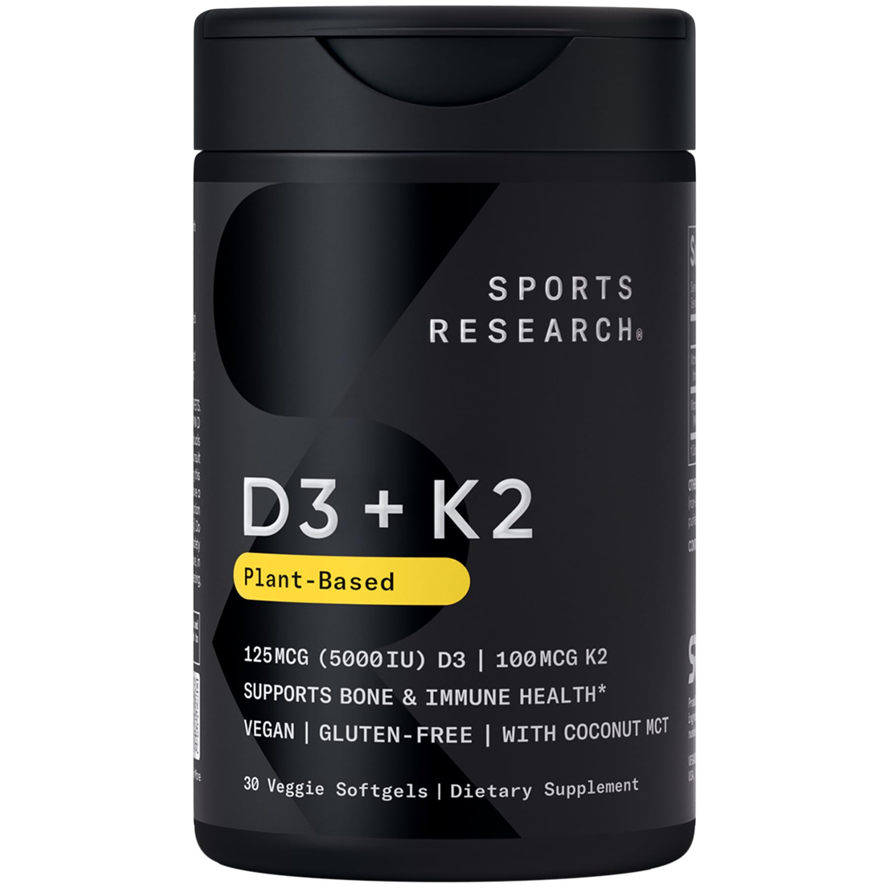Sports Research D3 + K2 softgels bottle, vegan formula for bone and immune support.
