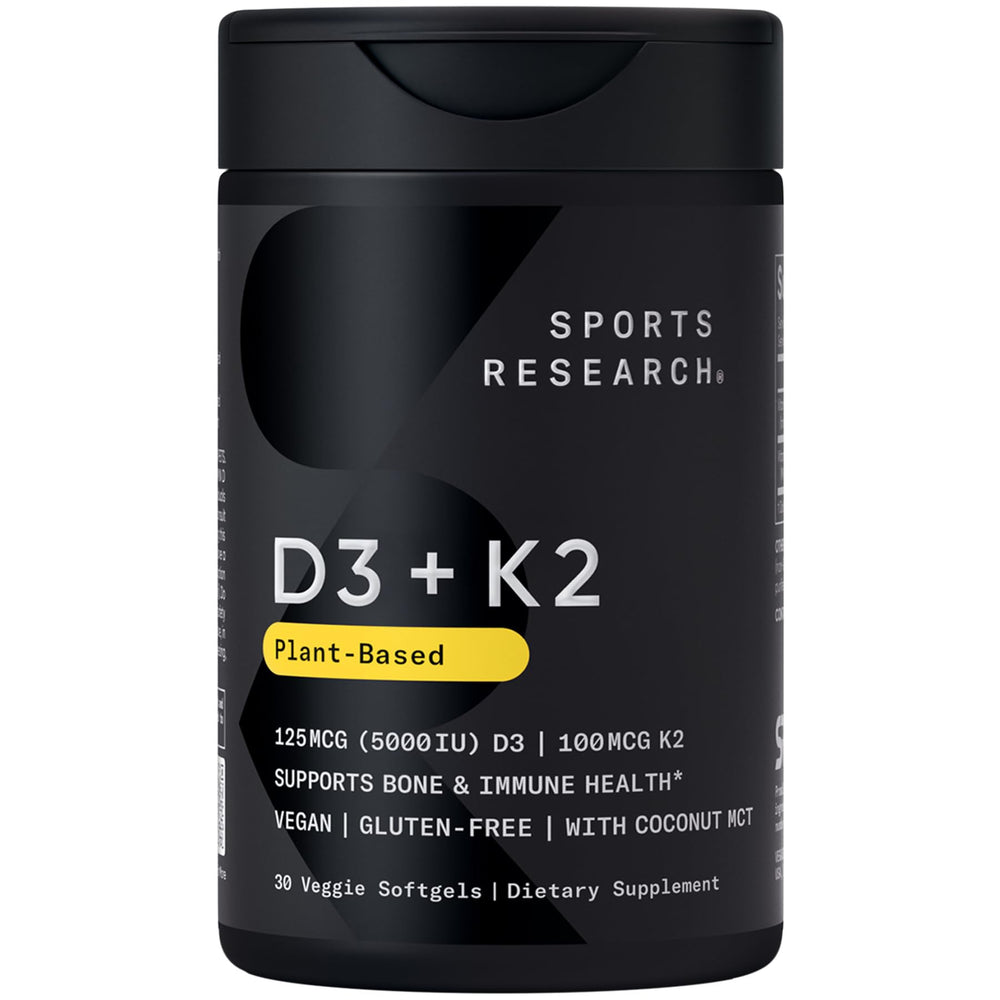 Sports Research D3 + K2 softgels bottle, vegan formula for bone and immune support.