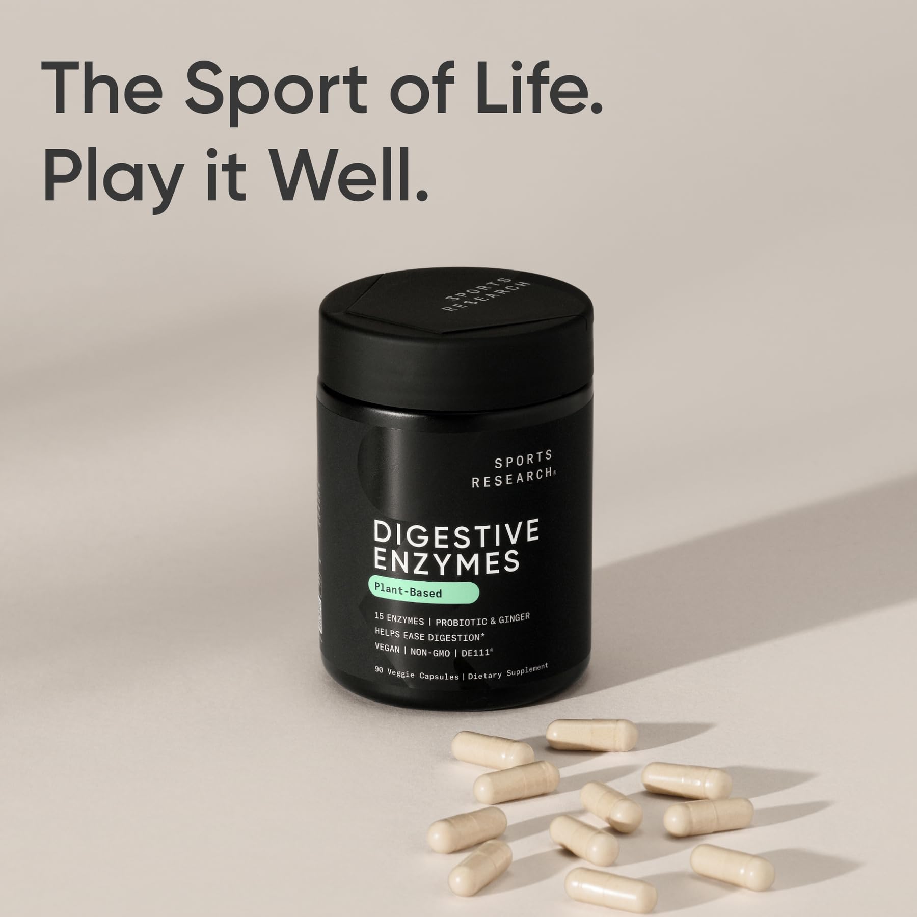 Vegan-friendly badge on Sports Research enzymes indicating dairy-free gluten-free options