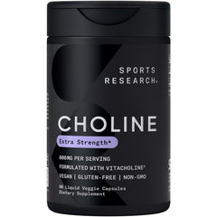 Sports Research Extra Strength Choline 800 mg bottle front for daily focus support.