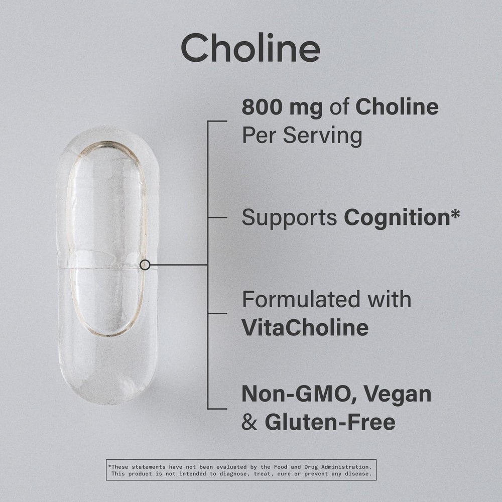 Sports Research Choline 800 mg capsules shown in bottle for mental clarity potential.
