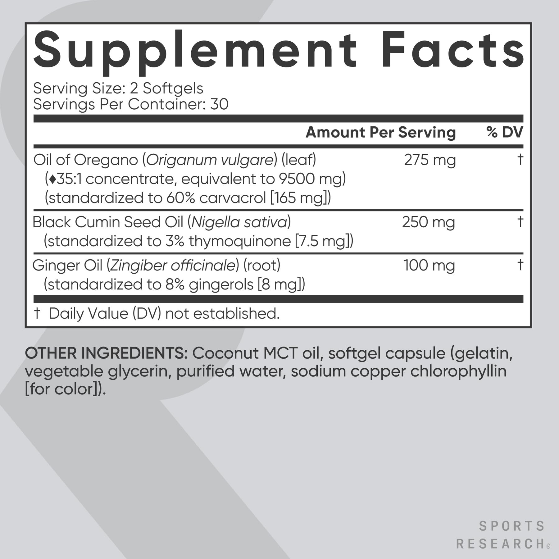 Sports Research ginger oil bottle label highlighting aromatic blend for daily wellness.