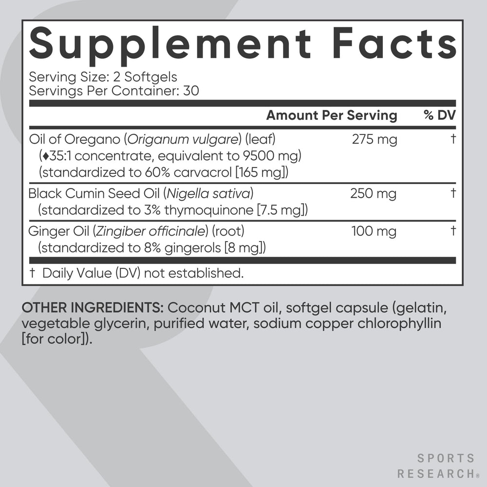 Sports Research ginger oil bottle label highlighting aromatic blend for daily wellness.