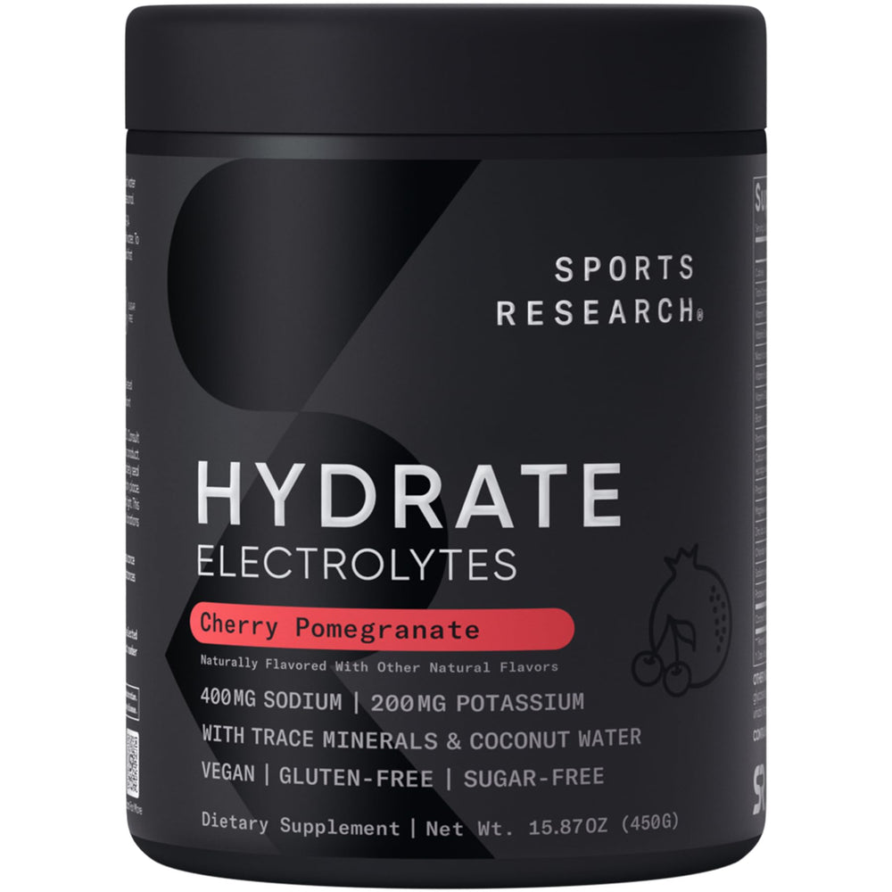 Sports Research Hydrate Jars cherry pomegranate label shows natural flavor for sugar-free hydration.