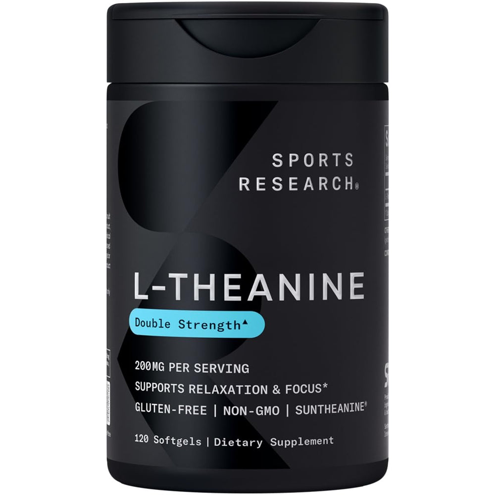 Sports Research L-Theanine 200mg bottle promotes calm focus for daily routines.