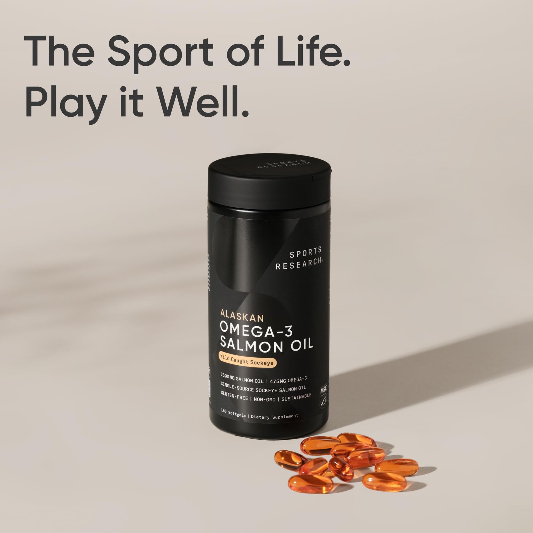Made-in-USA facility badge on Sports Research salmon oil packaging.
