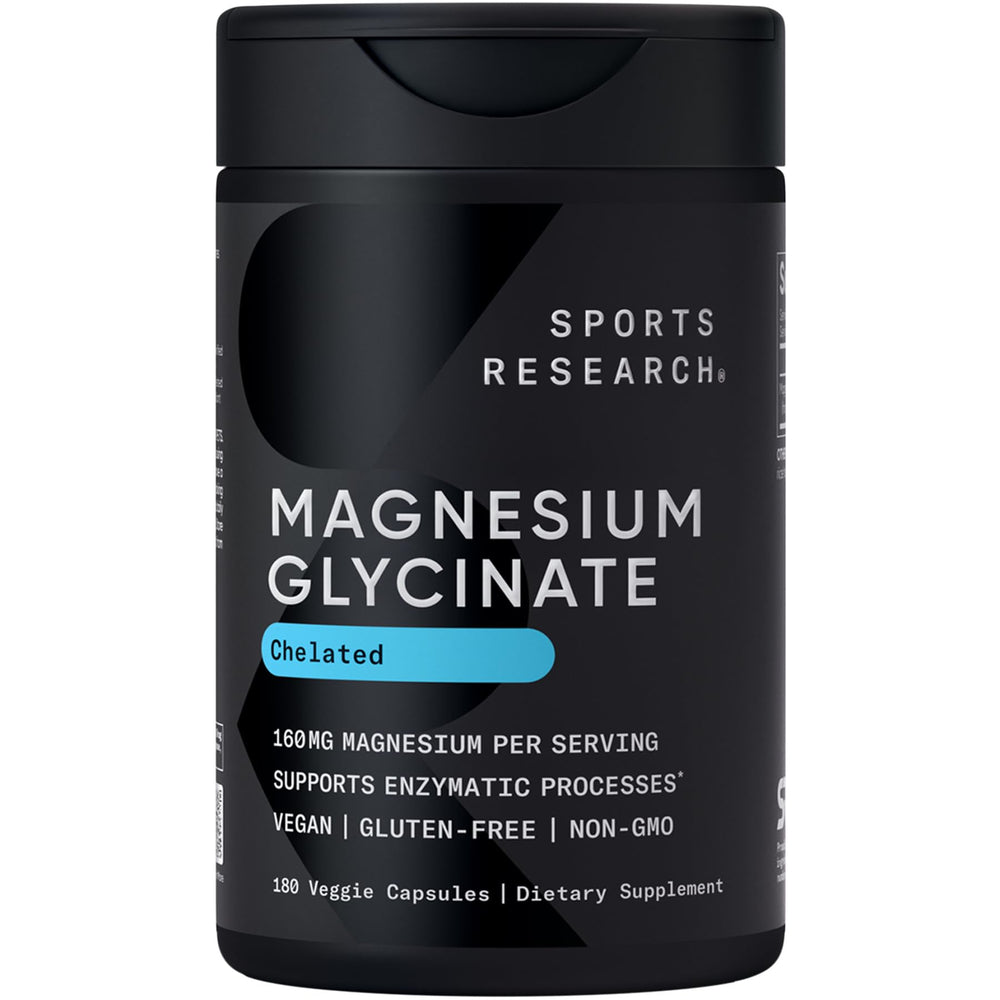 Sports Research Magnesium Glycinate bottle front view promoting restful sleep.