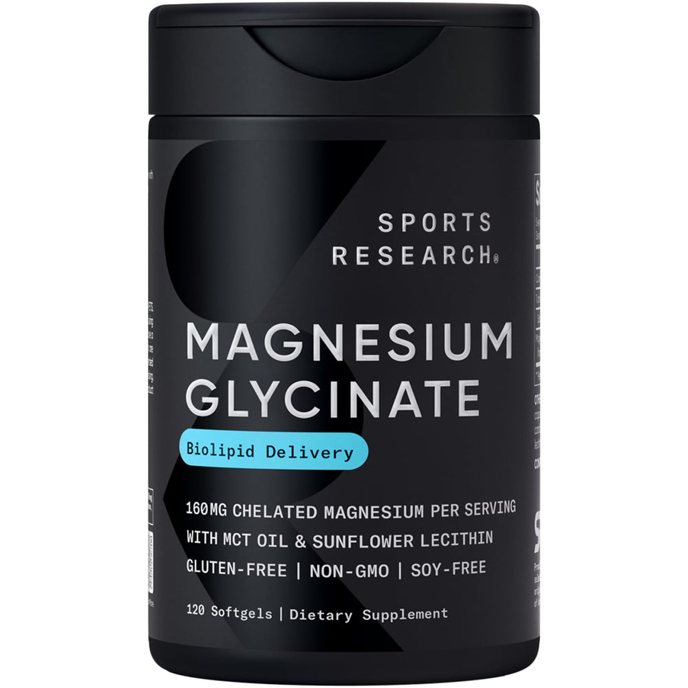 Sports Research Magnesium Glycinate bottle with softgel capsules on display to suggest restful sleep support