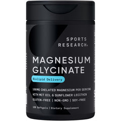 Sports Research Magnesium Glycinate bottle with softgel capsules on display to suggest restful sleep support