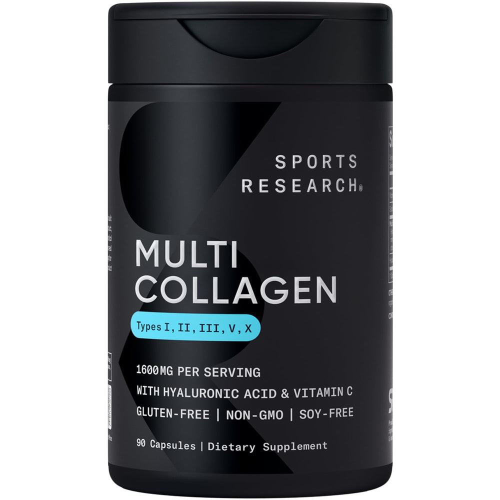 Sports Research Multi Collagen pills bottle showing easy-to-swallow capsules for daily use