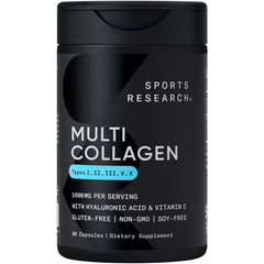 Sports Research Multi Collagen pills bottle showing easy-to-swallow capsules for daily use