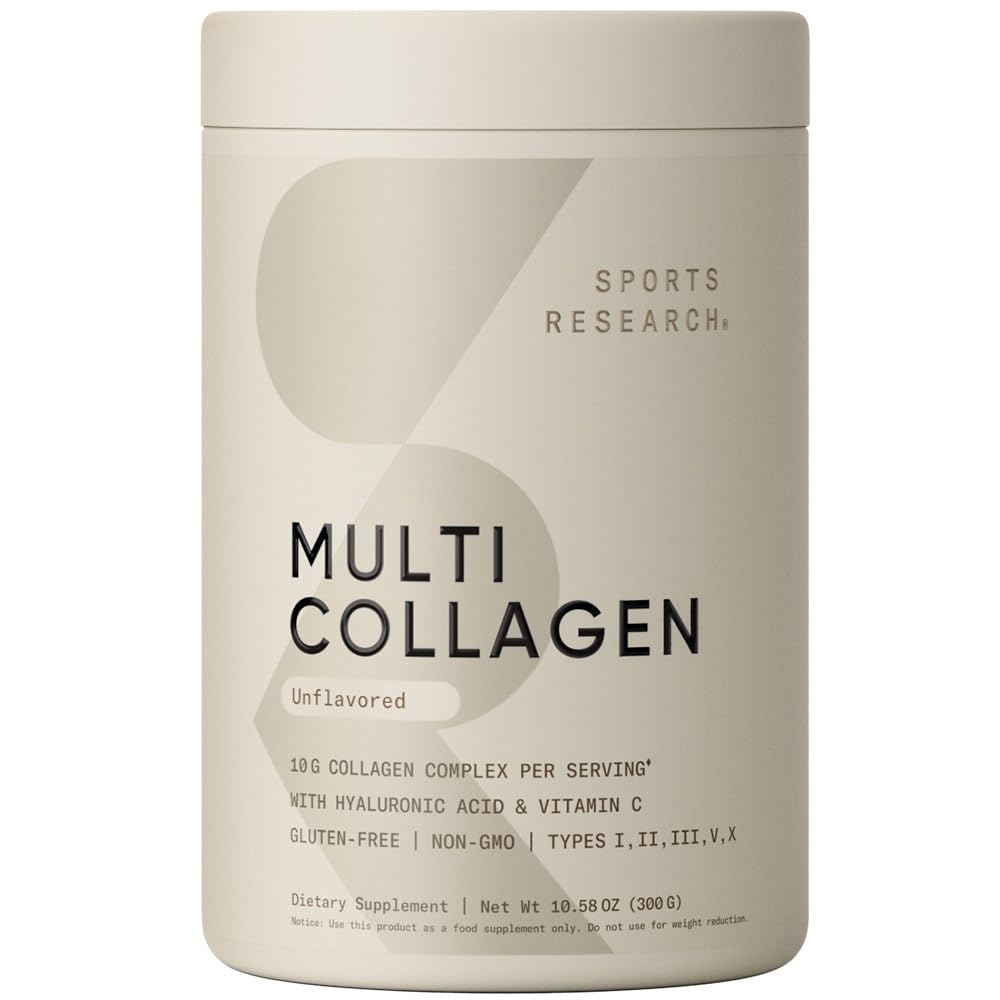 Sports Research Multi Collagen powder tub with seal boosts daily collagen support.