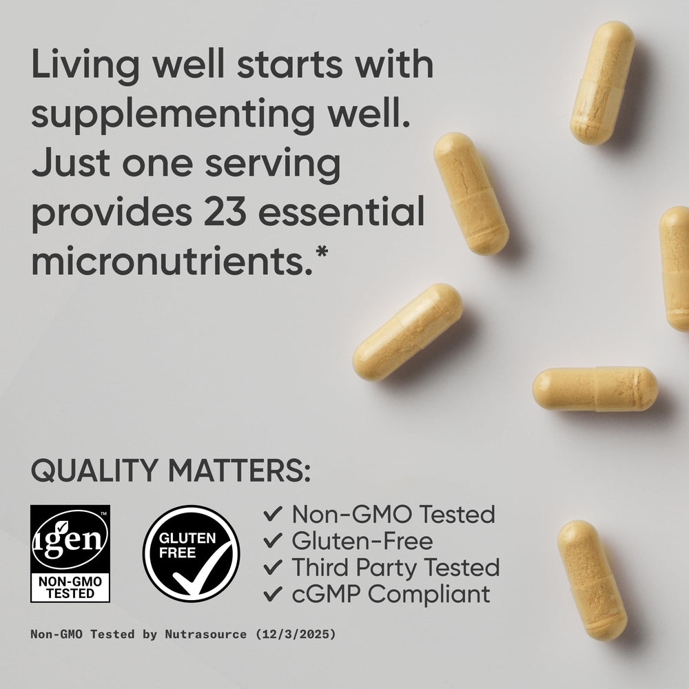 Sports Research multivitamin advanced formula bottle label highlights 23 essential vitamins.