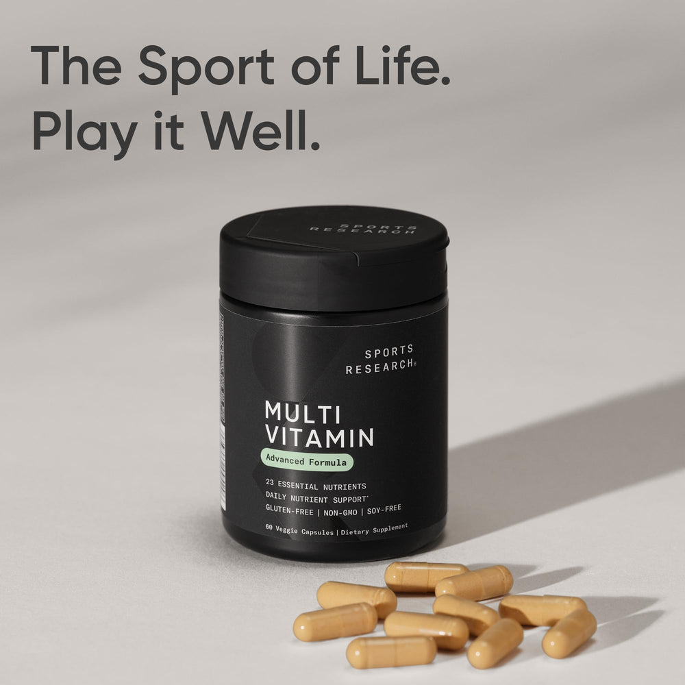 Sports Research multivitamin advanced formula capsules with scoop illustrate daily supplement routine.