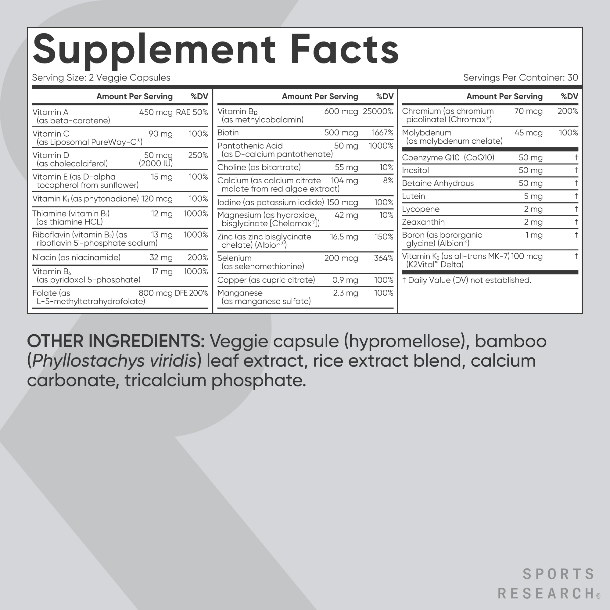 Sports Research multivitamin advanced formula lifestyle shot features CoQ10 and iodine.