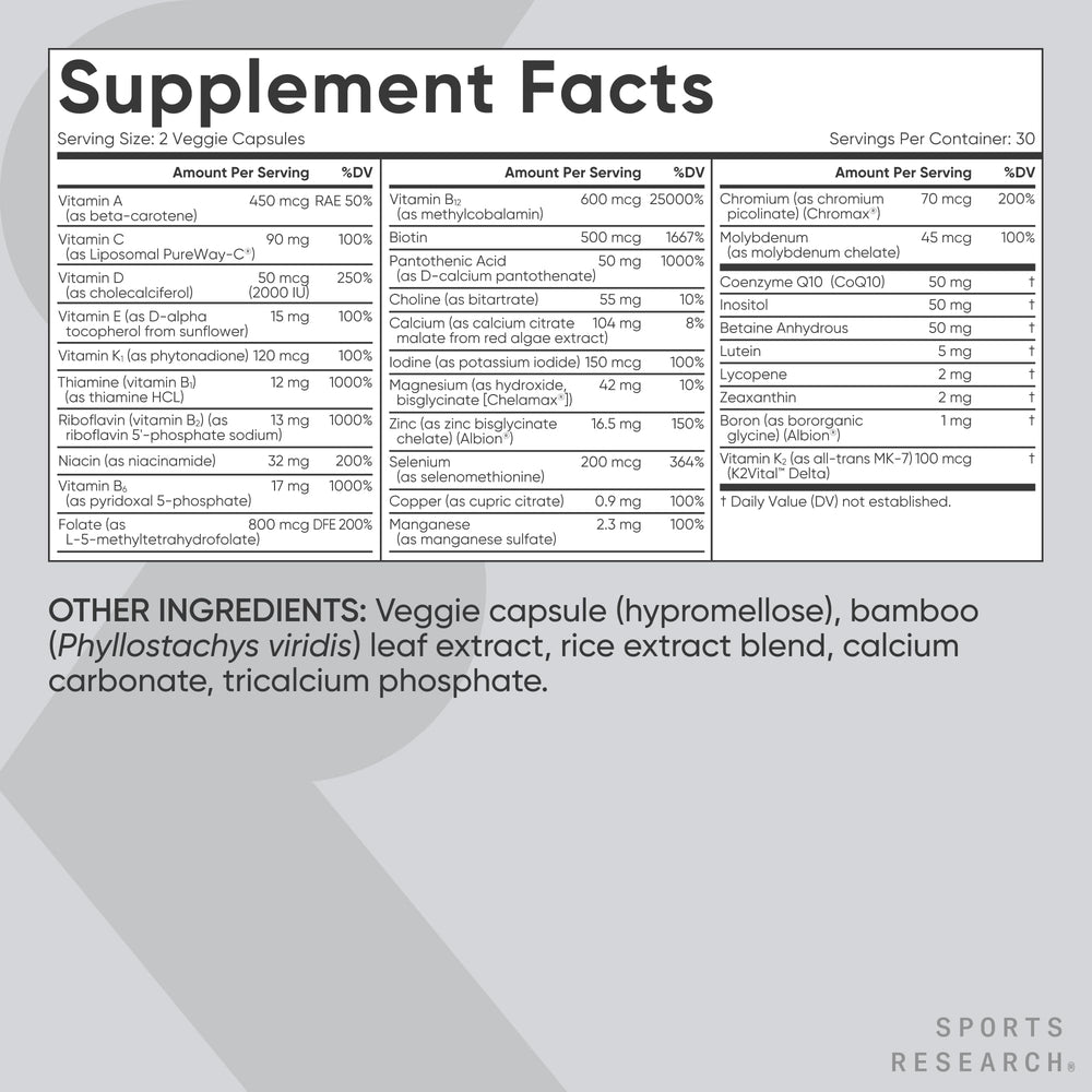 Sports Research multivitamin advanced formula lifestyle shot features CoQ10 and iodine.