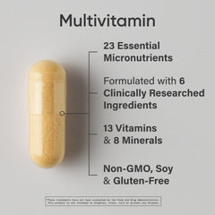 Sports Research multivitamin advanced formula label closeup showing Non-GMO and gluten-free ingredients.