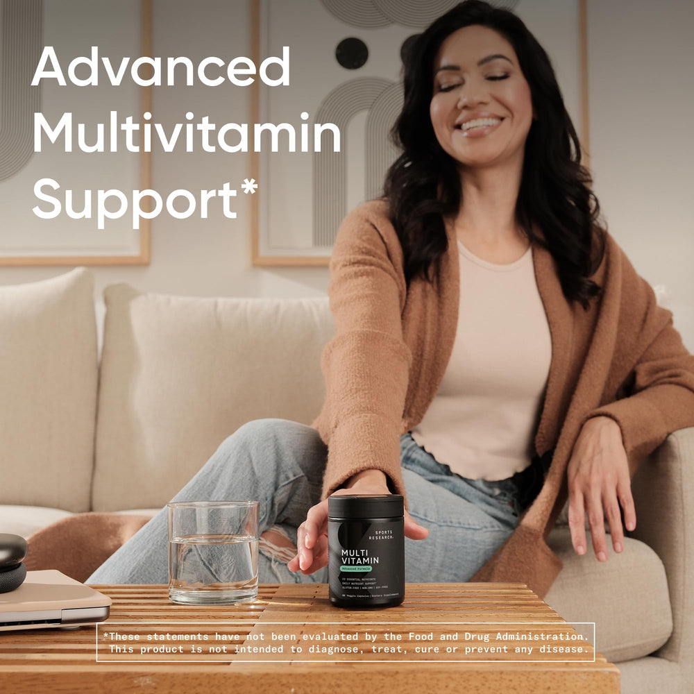 Sports Research multivitamin advanced formula packaging closeup emphasizes Non-GMO and soy-free claims.