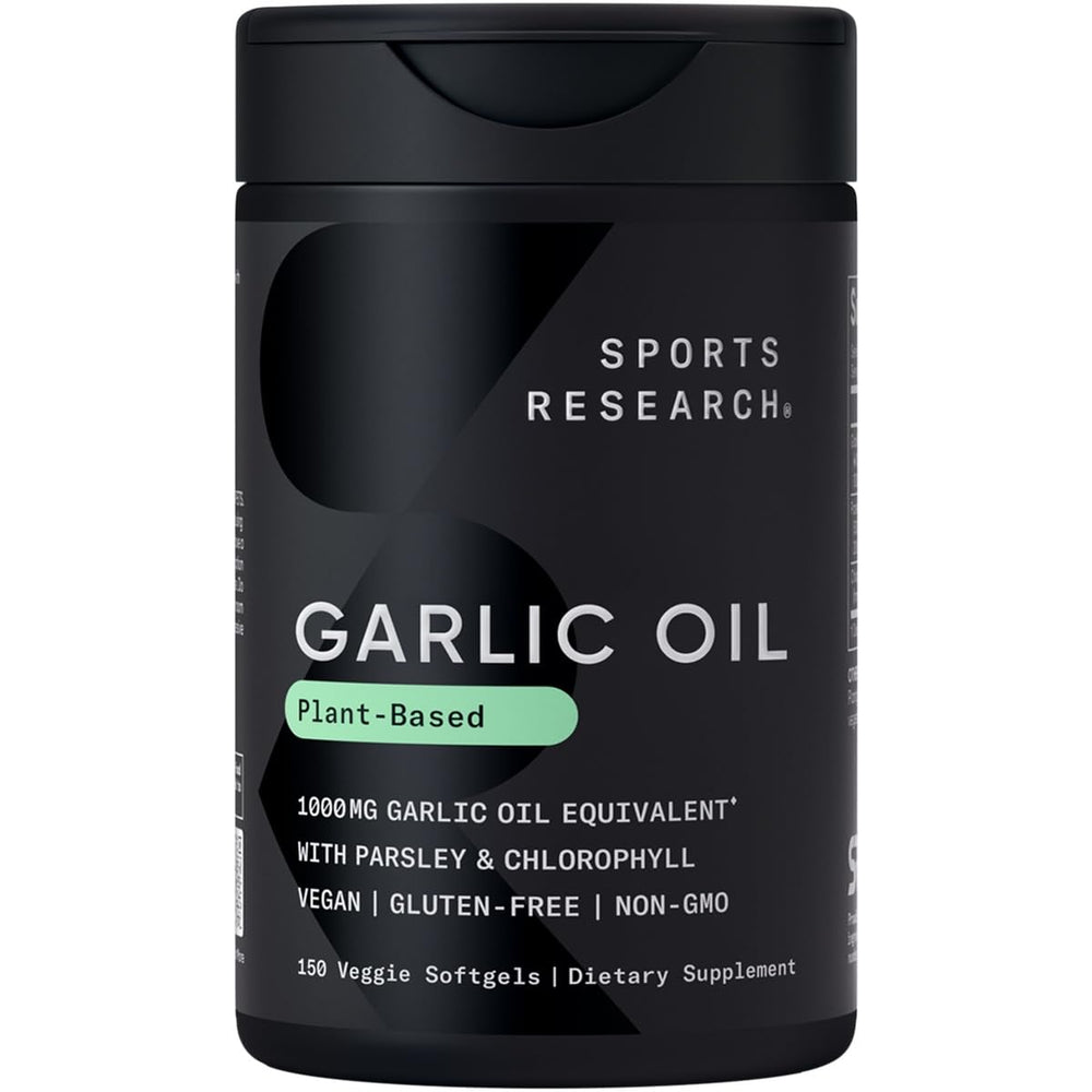 Sports Research odorless garlic oil pills bottle for daily support.