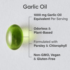 Sports Research odorless garlic oil pills softgels closeup for convenient daily intake.