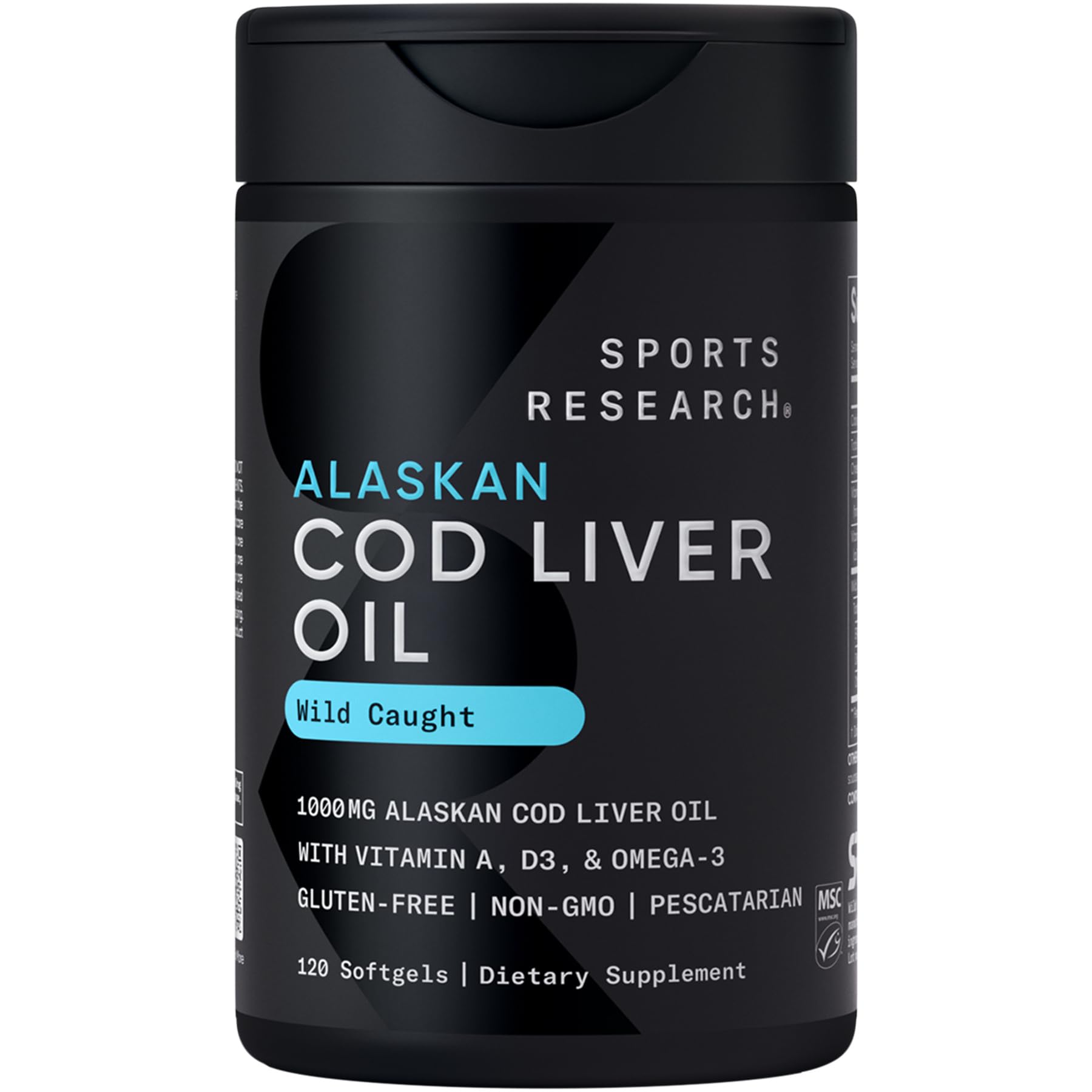 Sports Research omega-3 cod liver oil bottle shows a potent daily supplement for eye and heart health.