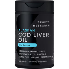 Sports Research omega-3 cod liver oil bottle shows a potent daily supplement for eye and heart health.