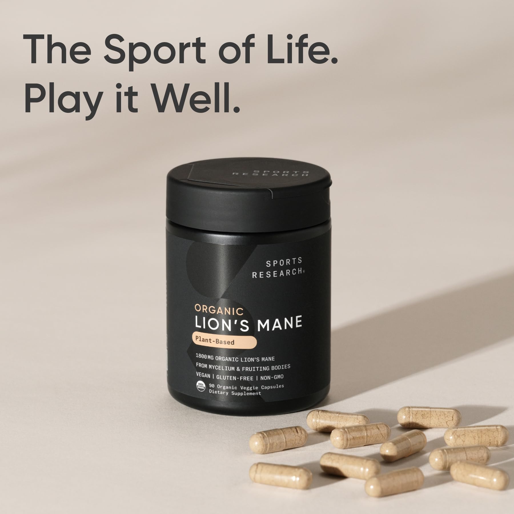 Sports Research Organic Lions Mane bottle with science backdrop – conveys trusted premium brain health support.