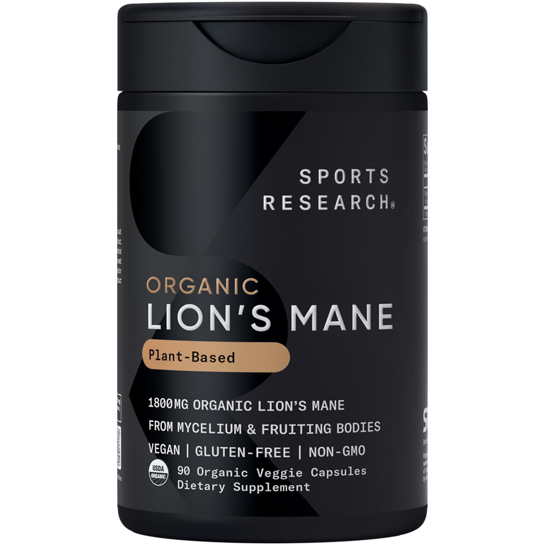 Sports Research Organic Lions Mane capsules bottle – supports mental clarity during study or work sessions.