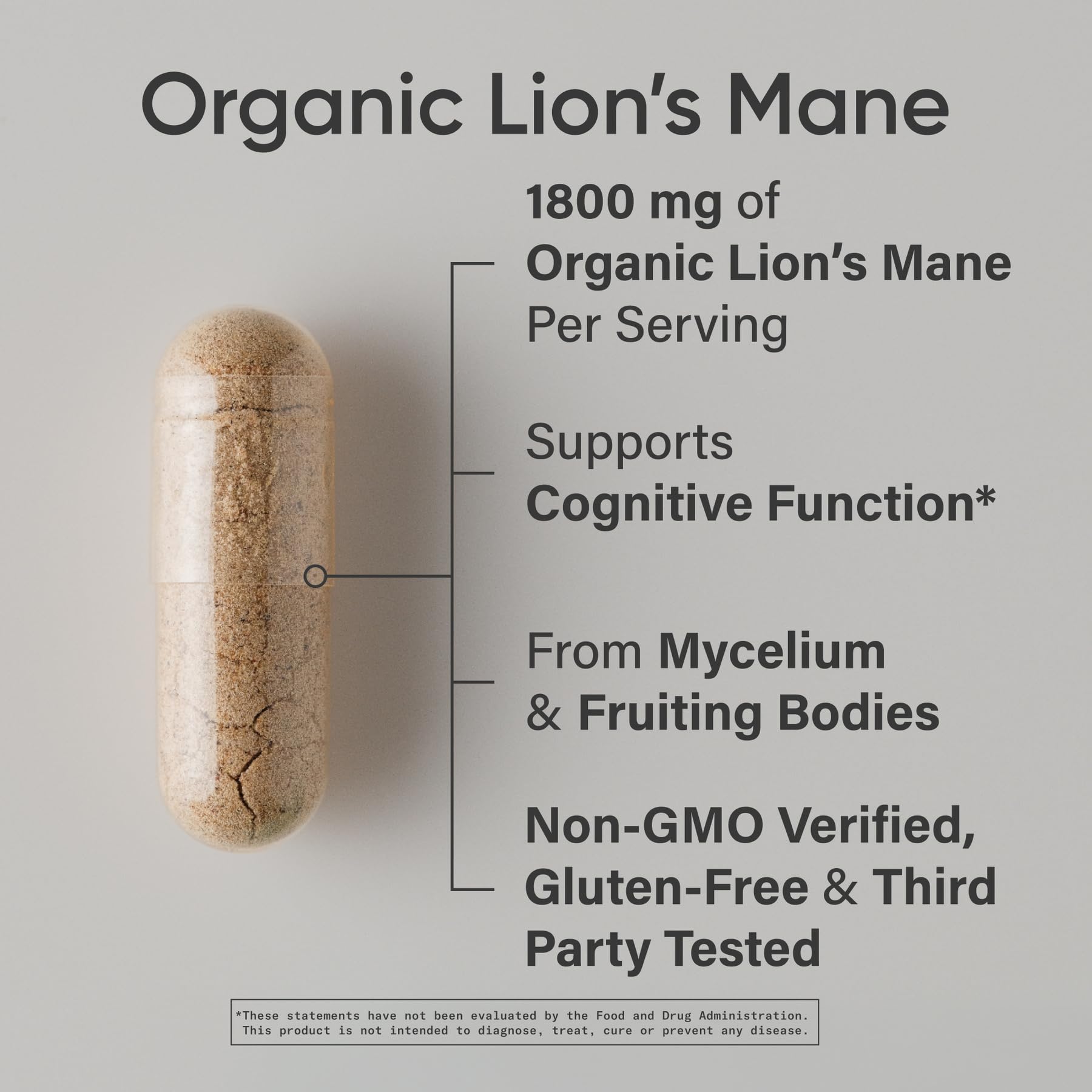 Sports Research Lions Mane capsules closeup – premium brain health support with vegan capsules.