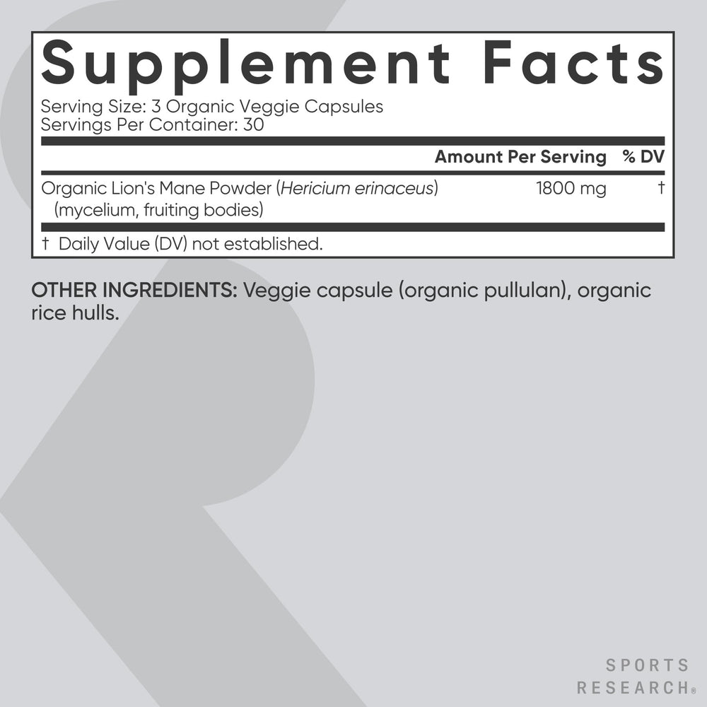 Sports Research Organic Lions Mane capsules in hand – convenient daily dose for focus on the go.