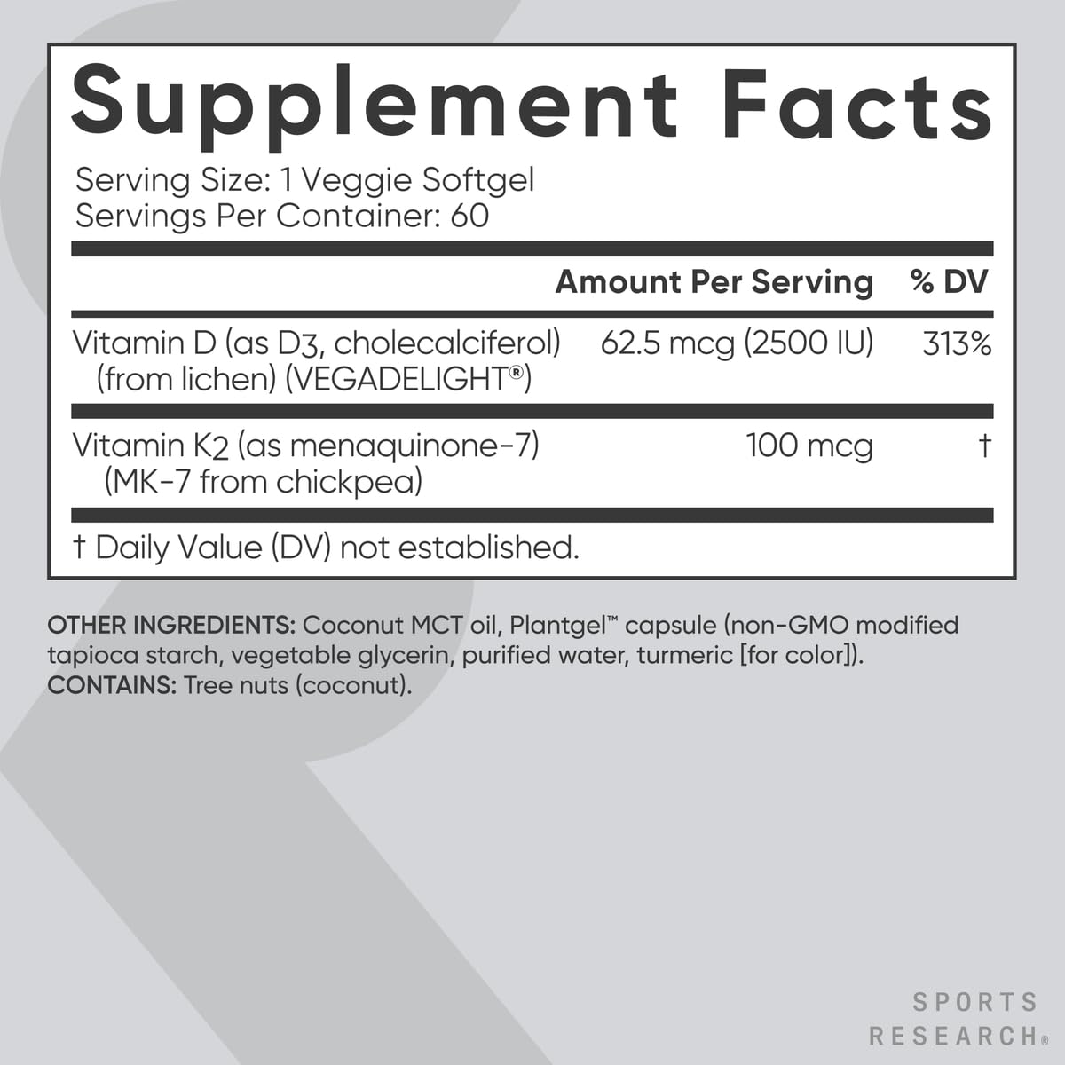 Plant-based D3-K2 bottle by Sports Research with vegan certification badge.