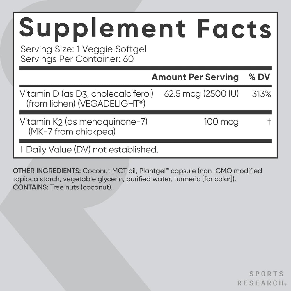 Plant-based D3-K2 bottle by Sports Research with vegan certification badge.