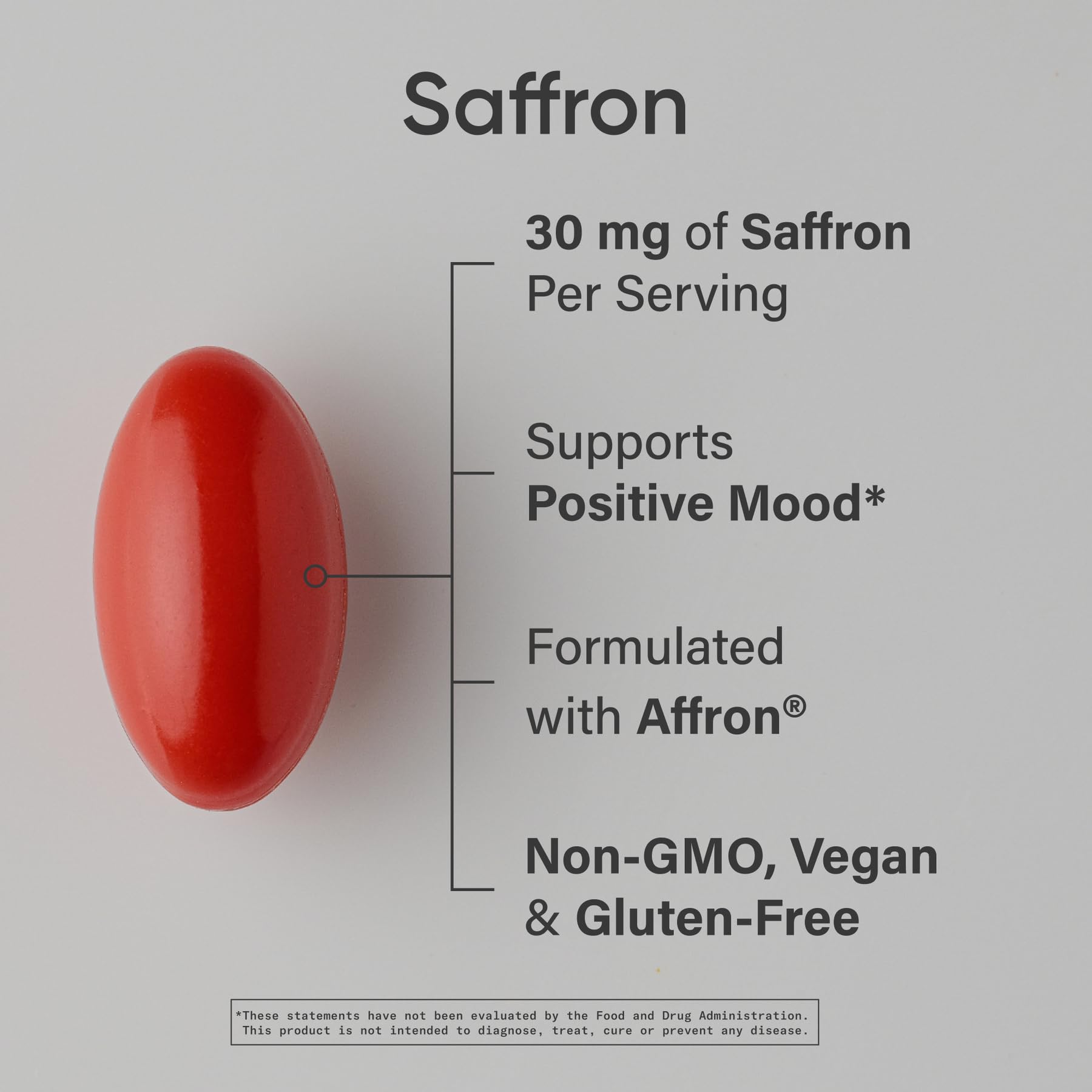 Close-up of Sports Research Pure Saffron capsule highlighting daily 30 mg dose.