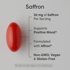 Close-up of Sports Research Pure Saffron capsule highlighting daily 30 mg dose.
