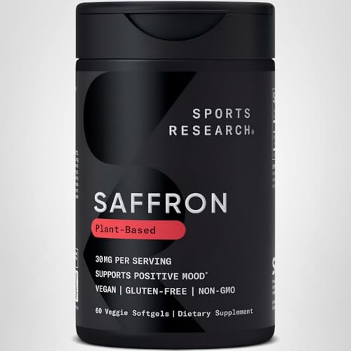 Nutrition label close-up on Sports Research Pure Saffron Supplement bottle.