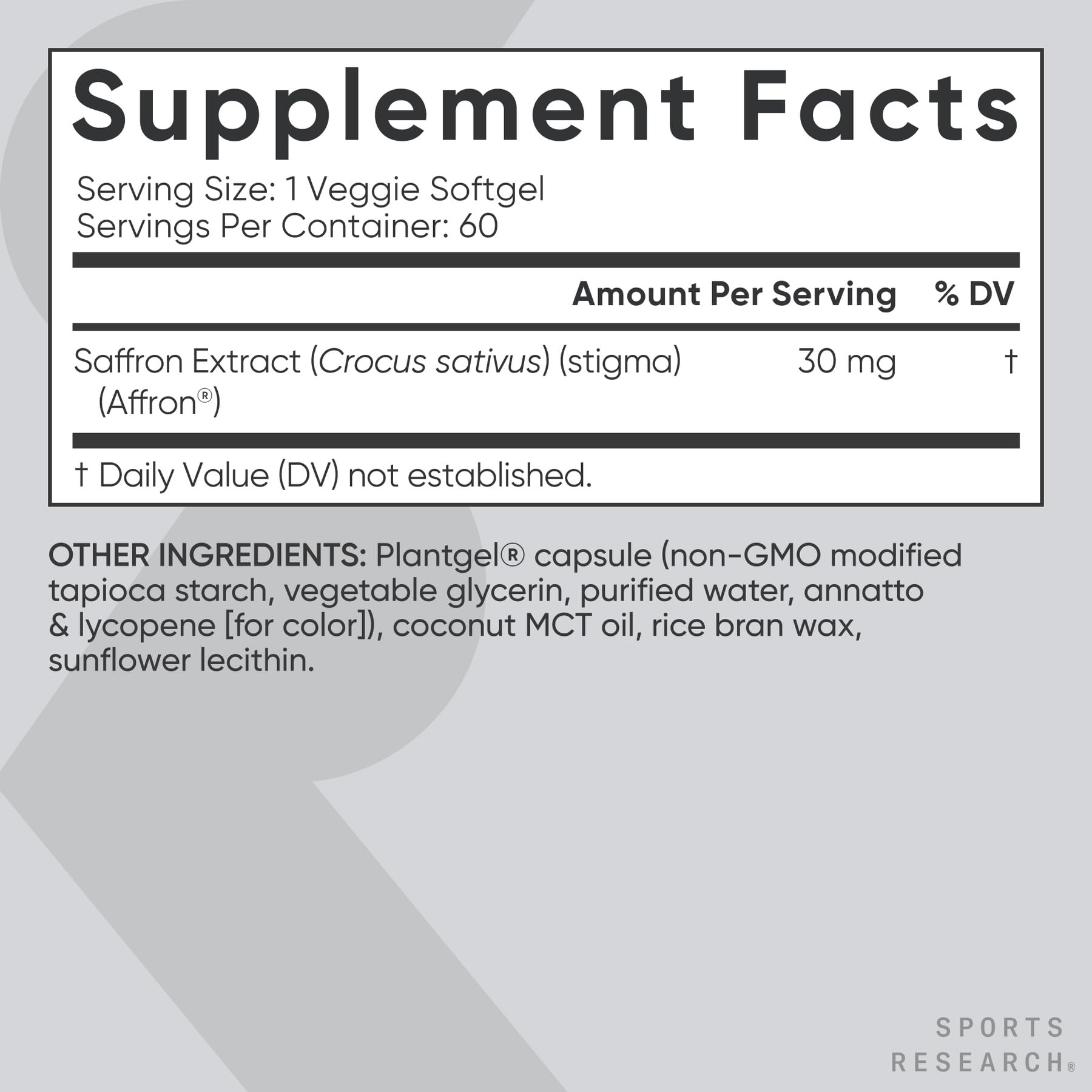 Vegan certified badge on Sports Research Pure Saffron Supplement packaging.