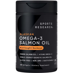 Sports Research Salmon Oil bottle for daily omega-3 support.