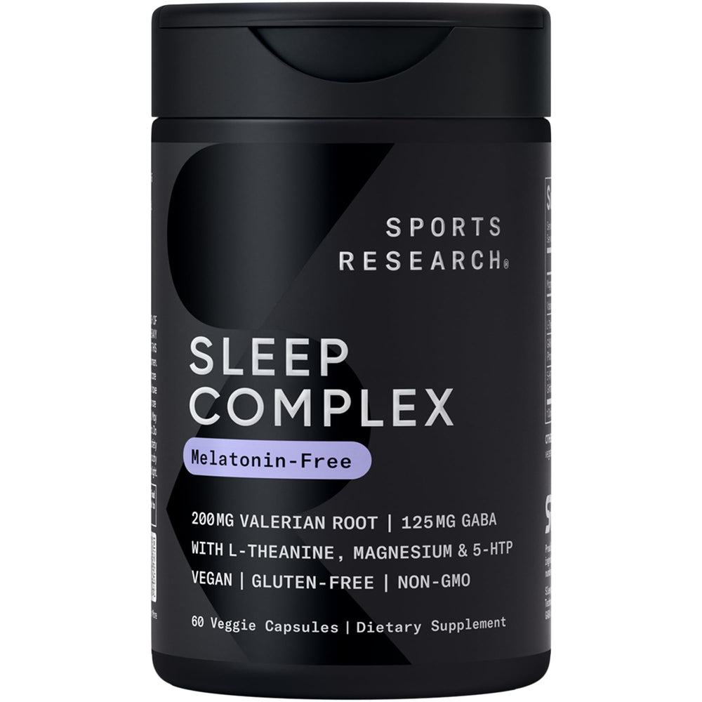 Sports Research Sleep Complex bottle front highlights melatonin-free sleep support.