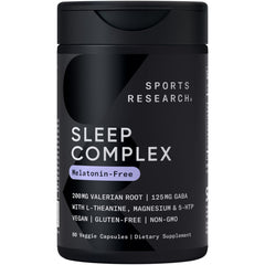 Sports Research Sleep Complex bottle front highlights melatonin-free sleep support.