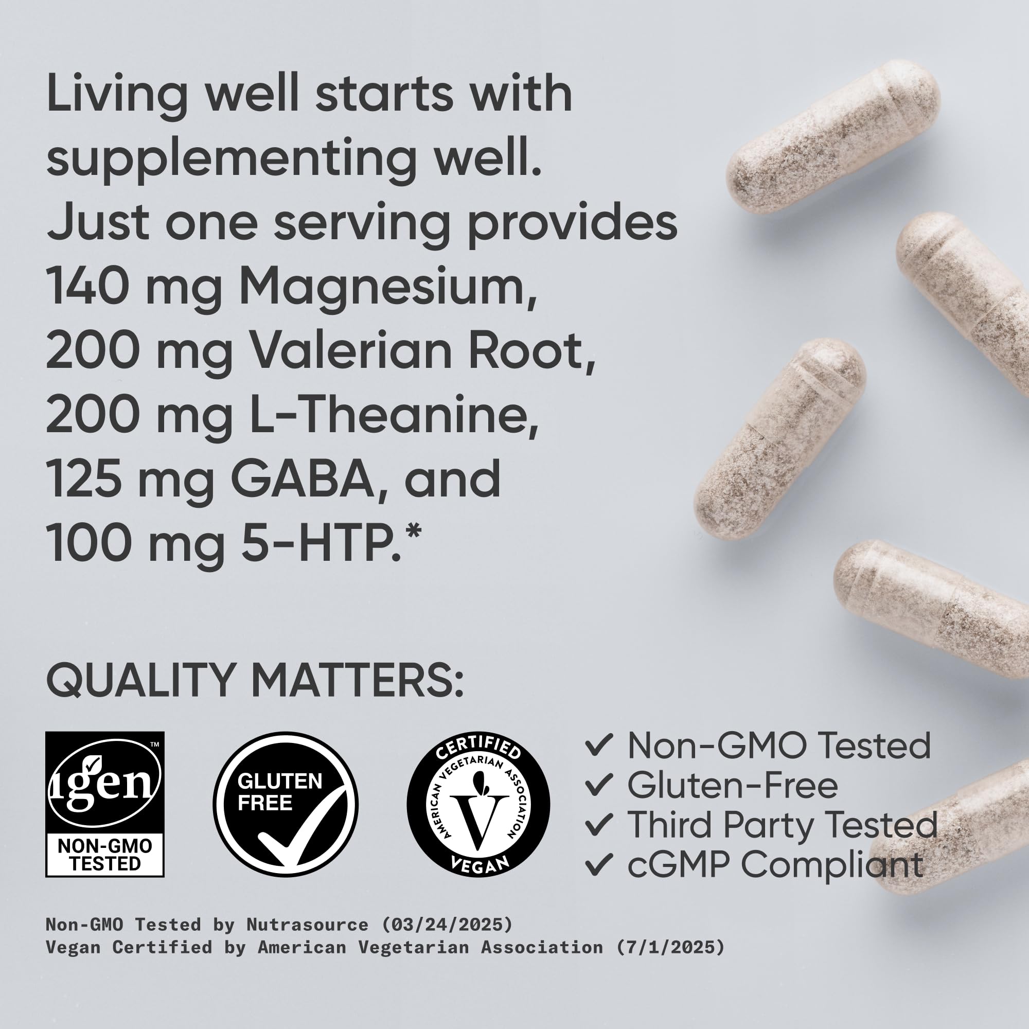 Sports Research Sleep Complex label design emphasizes vegan, Non-GMO, and third-party tested quality.