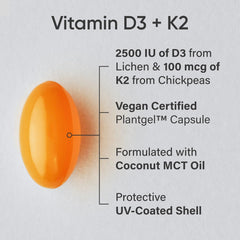 Close-up of vegan D3 and K2 softgel capsules from Sports Research.