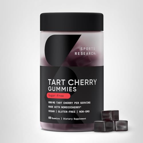 Sports Research Tart Cherry Gummies colorful bottle on gym bench.