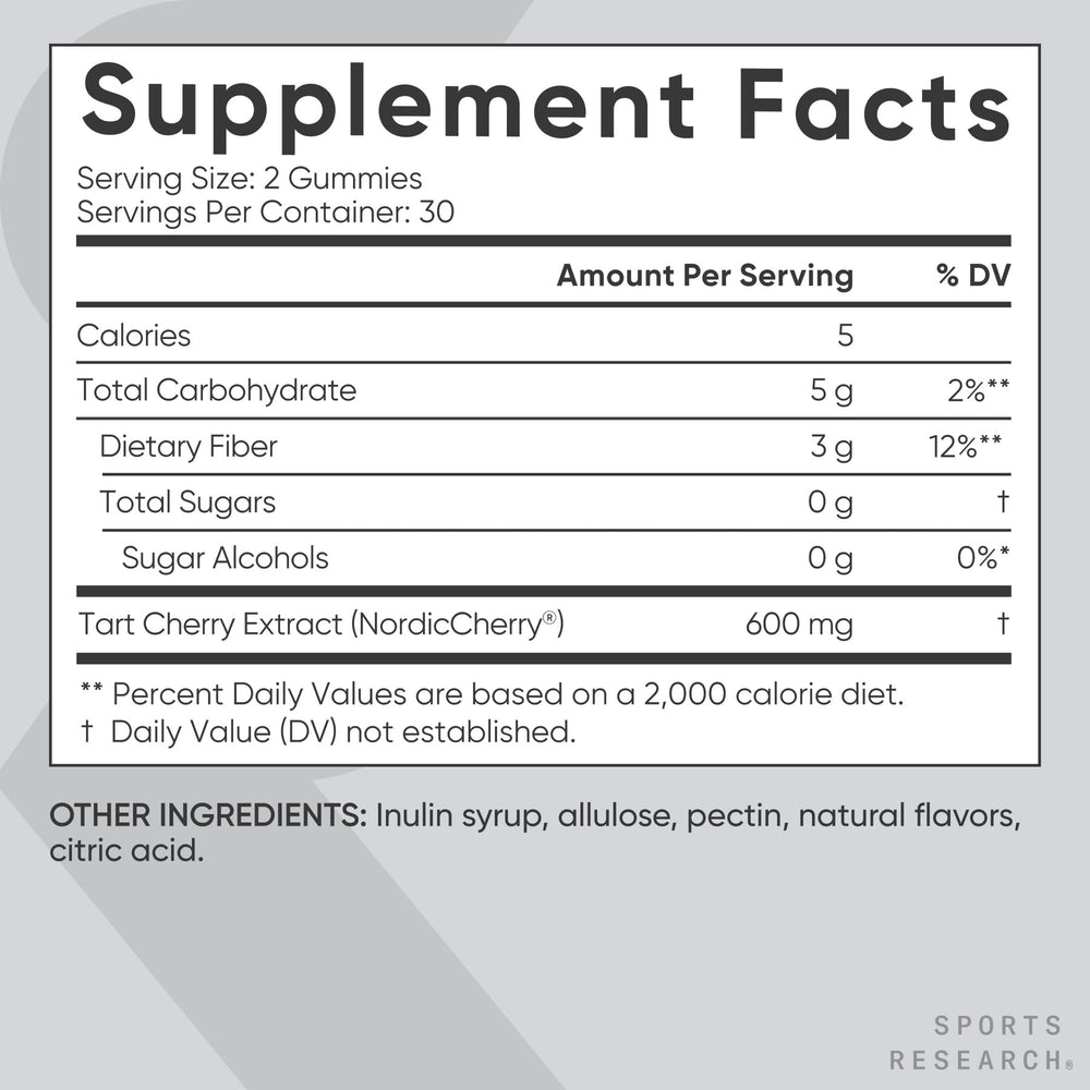 Sports Research Tart Cherry Gummies gluten-free seal visible on pack.