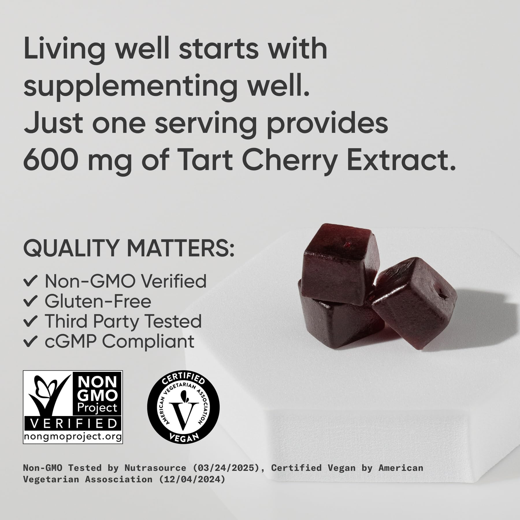 Sports Research Tart Cherry Gummies vegan-certified badge on packaging.