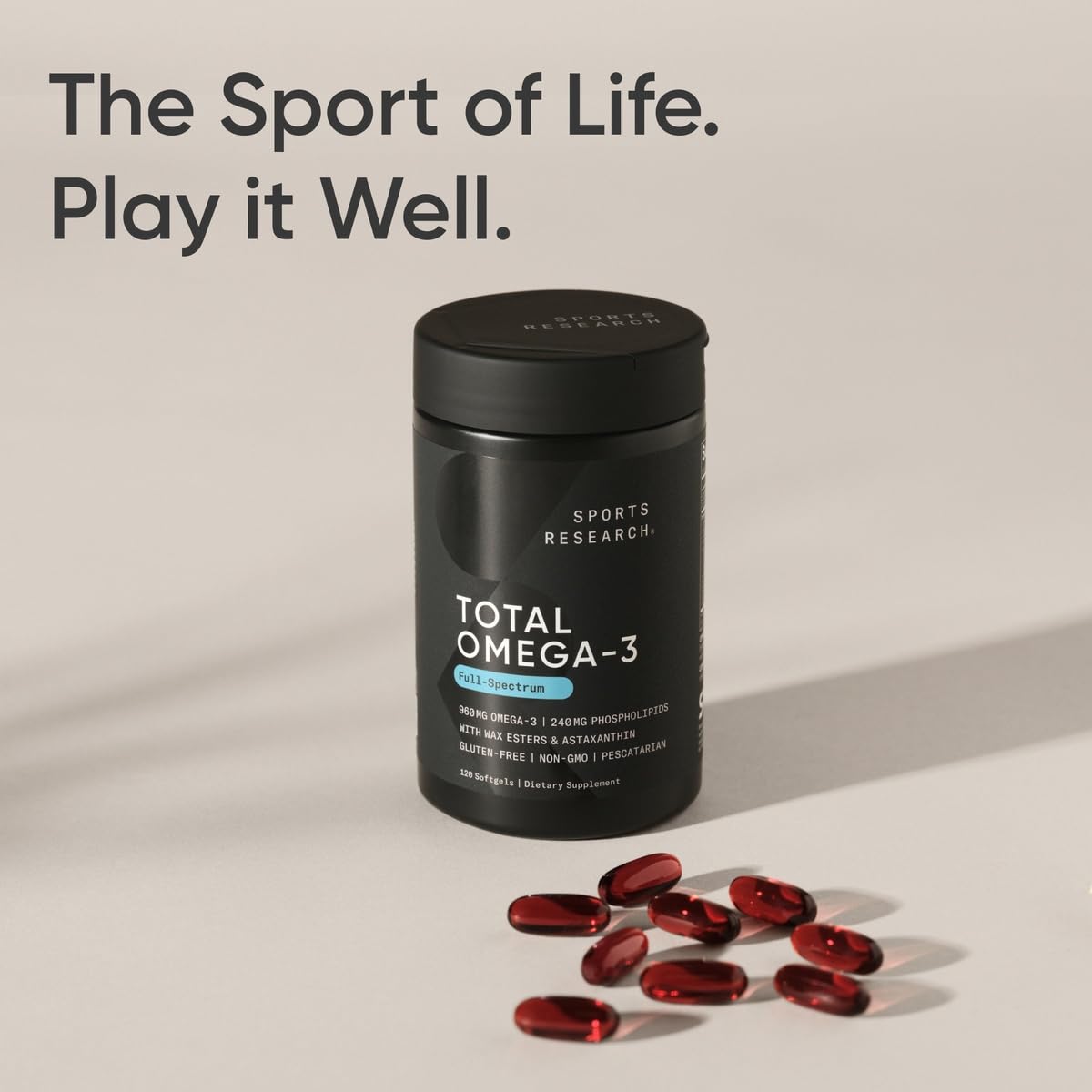 Sports Research Total Omega-3 pescatarian-friendly softgel supports convenient daily intake