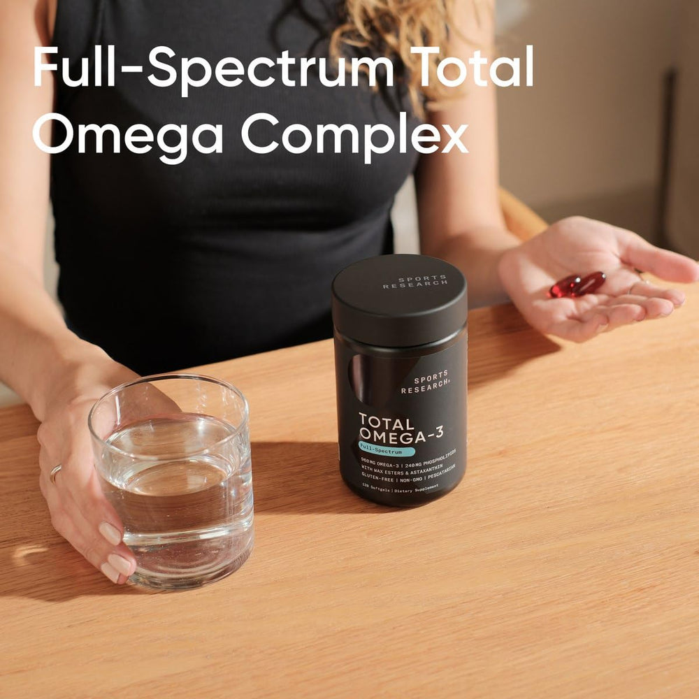 Sports Research Total Omega-3 purity and third-party testing seals indicate quality