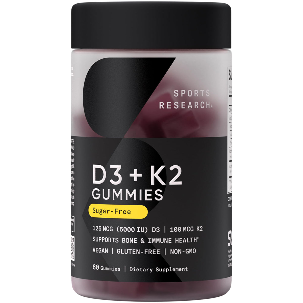 Sports Research vegan D3 K2 gummies bottle supports daily bone and immune wellness.