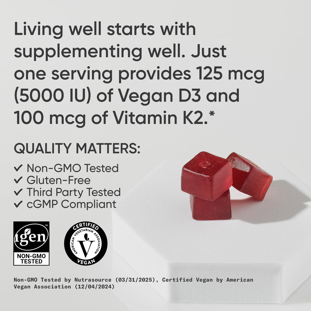 Sports Research vegan D3 K2 gummies label reveals transparent ingredients and vegan certification.