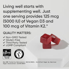 Sports Research vegan D3 K2 gummies label reveals transparent ingredients and vegan certification.